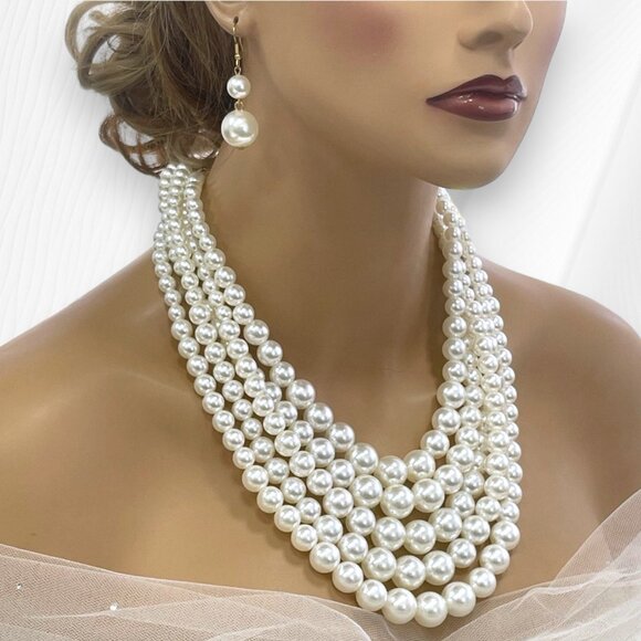 Statement Faux Pearl Multi-Strand Necklace & Earring Set – Elegant Bridal Glam - Picture 2 of 4